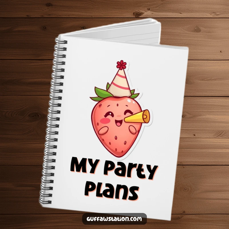 Funny cheerful strawberry wearing a party hat and blowing a horn on the cover of a humorous and festive notebook.
