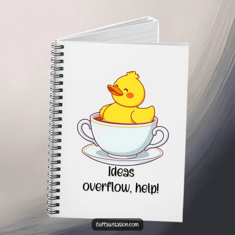 Funny confused rubber duck facing a giant teacup, a humorous notebook for creative minds.