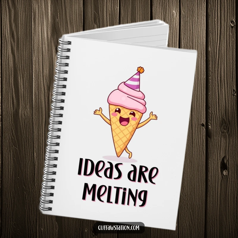 Funny notebook cover with a delighted ice cream cone in a party hat, happily dancing, perfect for jotting party ideas.