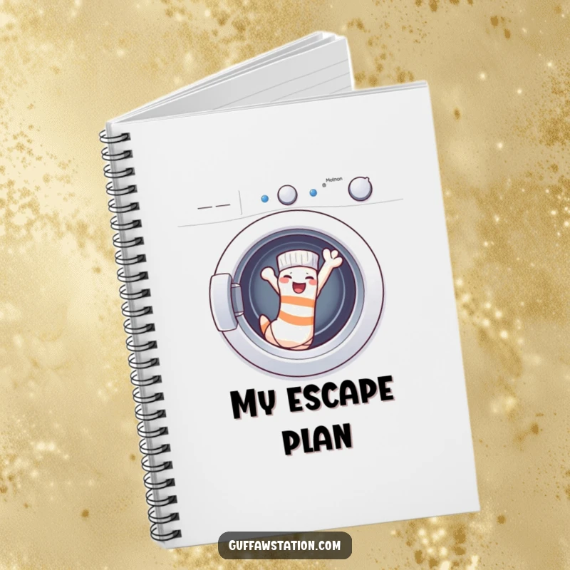 Funny Notebooks: A cheeky sock waves goodbye from the washing machine, inspiring hilarious notes and doodles within its pages, a perfect funny gift.