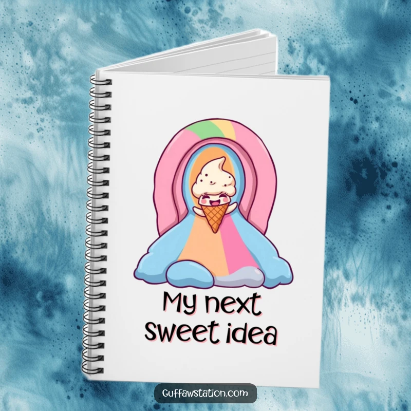Funny ice cream cone notebook showcases a giggling cone's joyful slide down a rainbow, ready for your notes.