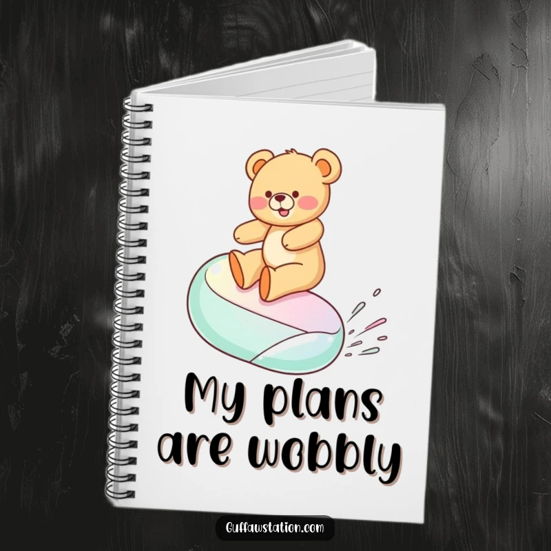 Funny notebook cover featuring a teddy bear surfing a jelly bean, ideal for journaling sweet ideas and funny notes.