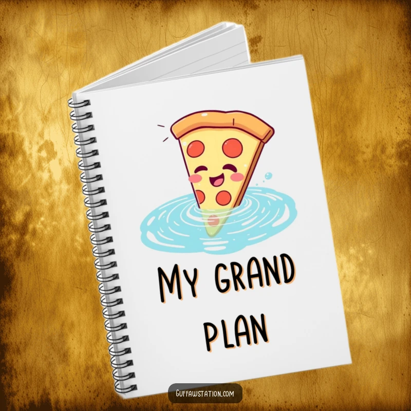 Funny pizza slice notebook cover, giggling as it comically falls into a swimming pool, inspiring fun and creative entries.