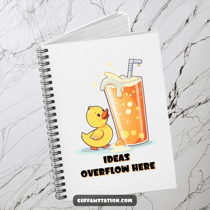 Funny rubber ducky notebook cover, featuring a ducky comically trying to sip from a massive, overflowing soda, inspiring fun notes.
