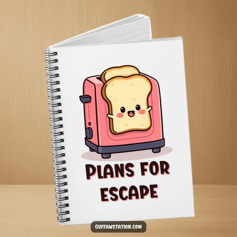 Funny notebook design with a slice of toast escaping a toaster, ideal for writing notes and encouraging creativity with humor.