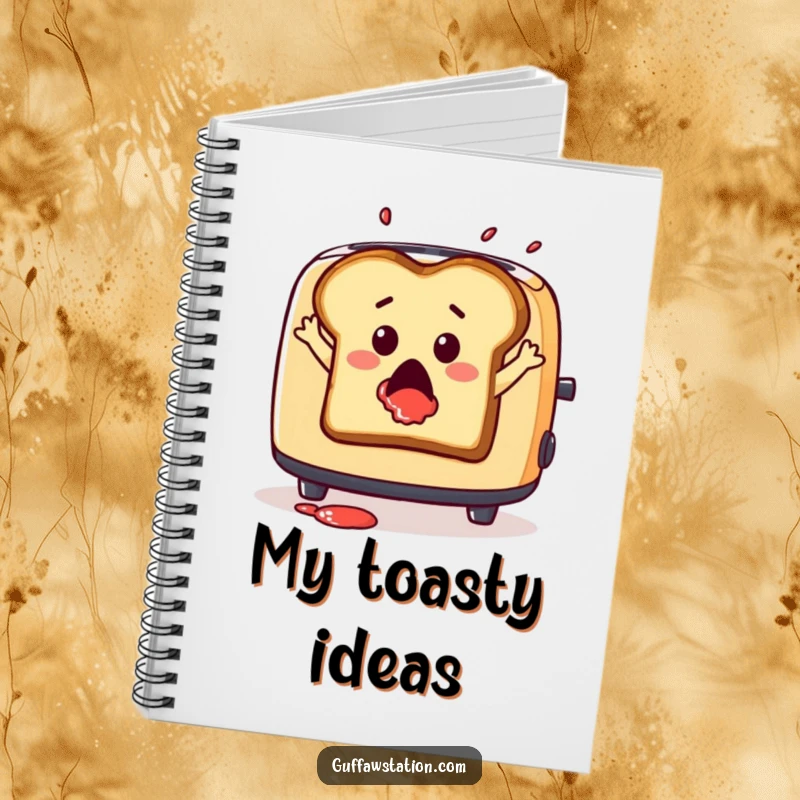 Funny notebook featuring a surprised slice of toast leaping from a toaster with jam splatter, for jotting ideas.