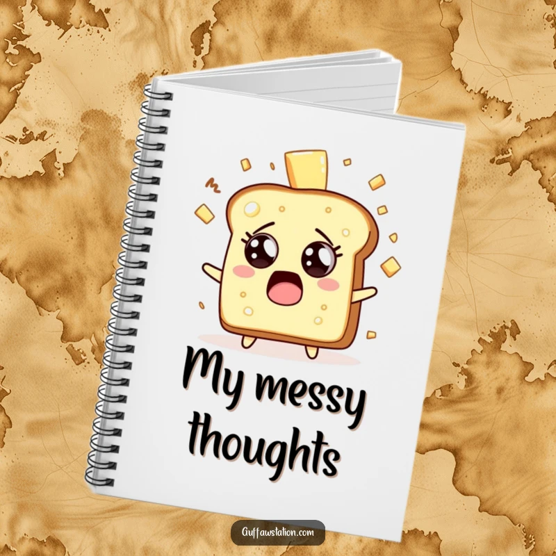 Funny surprised toast character with butter flying everywhere on a ruled notebook for notes.