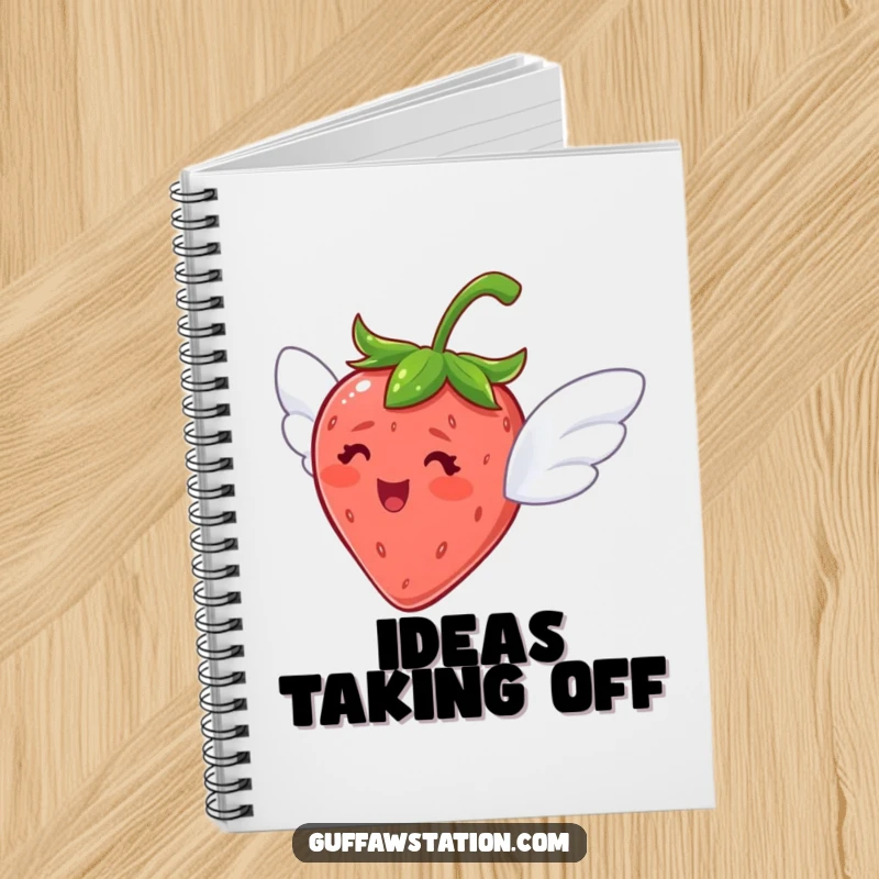 Funny notebook with a design of a delighted strawberry with tiny wings, looking eager to fly, ready for notes.