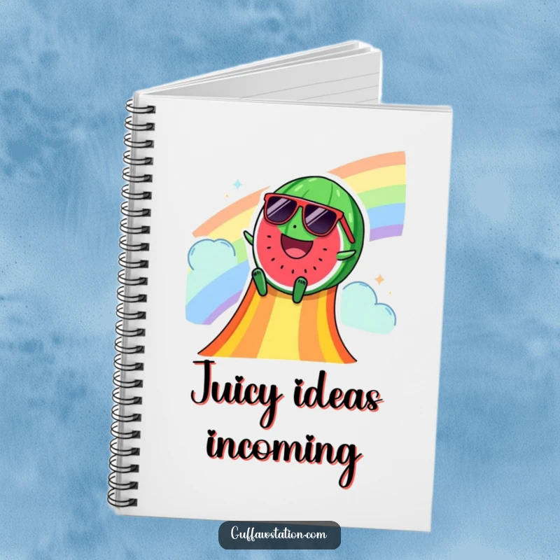 Funny notebook cover showing a happy watermelon in sunglasses sliding down a rainbow slide, inspiring cool notes and summer ideas.