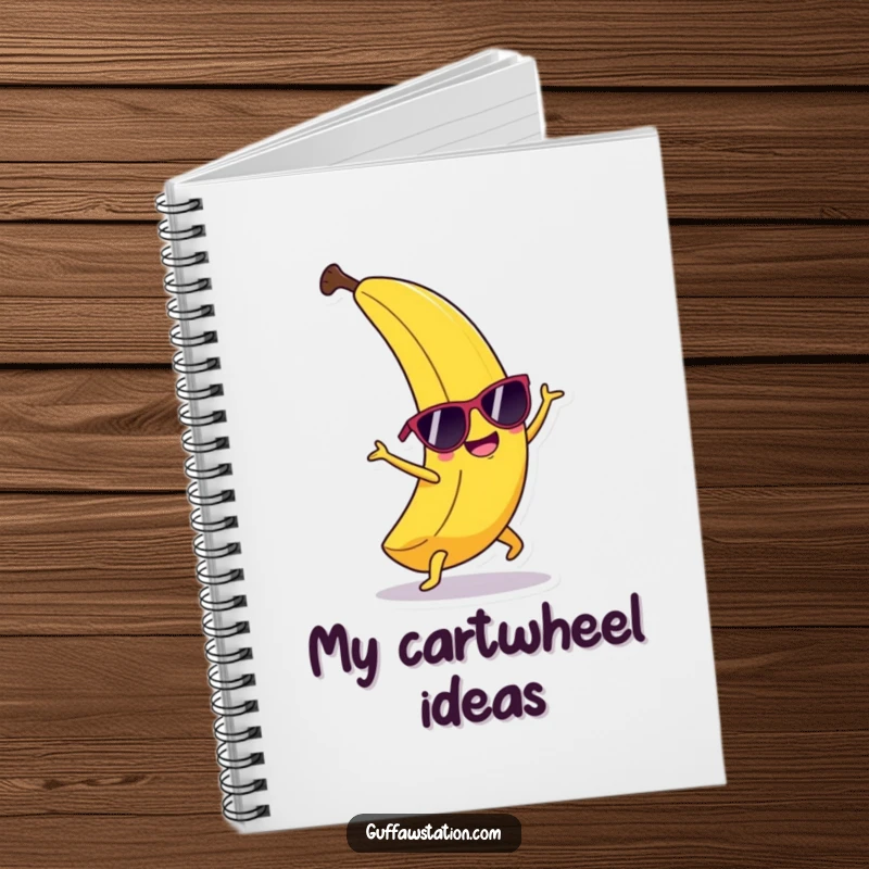 Funny happy banana wearing sunglasses, doing a cartwheel, featured on the cover of a funny notebook.