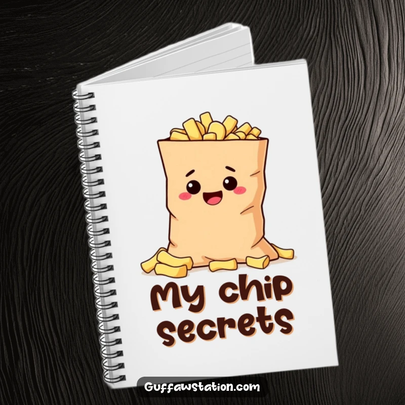 Funny mischievous potato hiding behind a giant bag of chips on the cover of a humorous and sneaky notebook.
