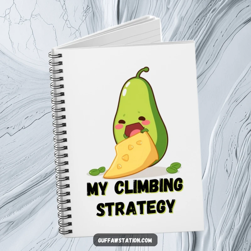 Funny notebook with a determined avocado climbing a giant tortilla chip, ideal for writing notes and foodie inspiration.