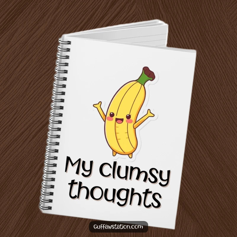 Funny Banana Slip Notebook showing a banana slipping on a peel with arms flailing, for notes and creative plans.