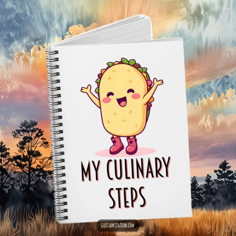 Funny notebook with a happy taco character in boots dancing silly, perfect for journaling and party planning.
