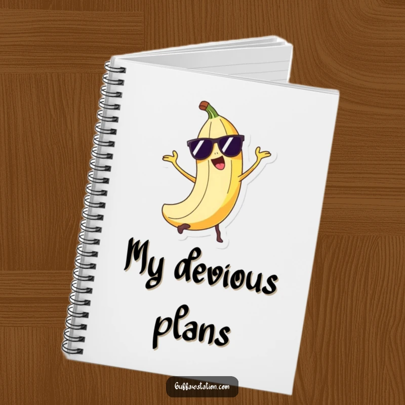 Funny mischievous banana peel character wearing sunglasses, doing a sneaky trick on a ruled notebook.