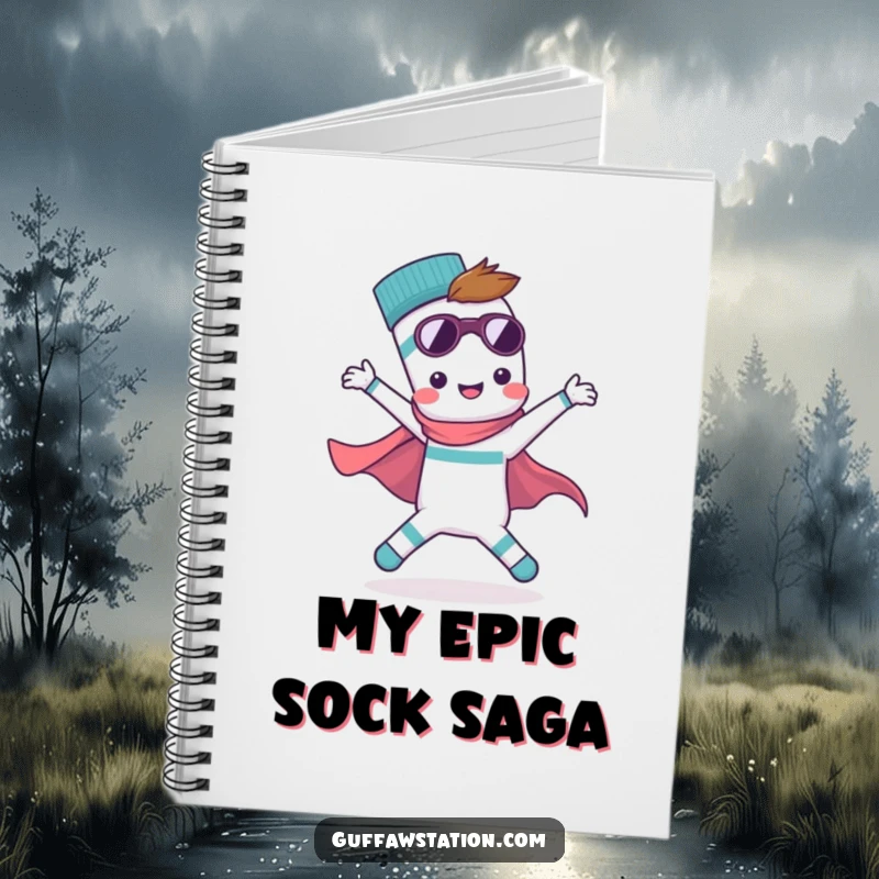 Funny notebook with a cover illustration of a single sock striking a superhero pose, symbolizing courage and creativity. Perfect for notes.