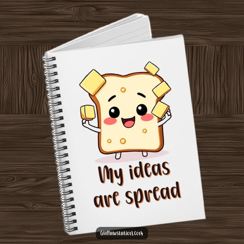 Funny happy toast juggling butter notebook, a humorous design for recording thoughts, perfect for organized cooks.