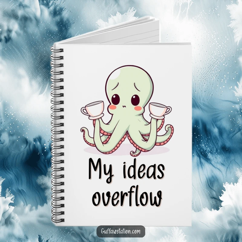 Funny surprised octopus wearing teacups on tentacles, featured on the cover of a funny notebook.