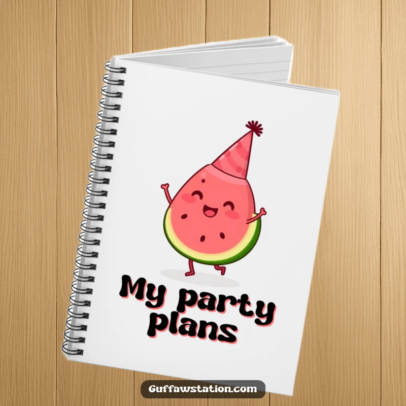 Funny watermelon notebook featuring a happy slice wearing a party hat and dancing, great for notes and ideas.