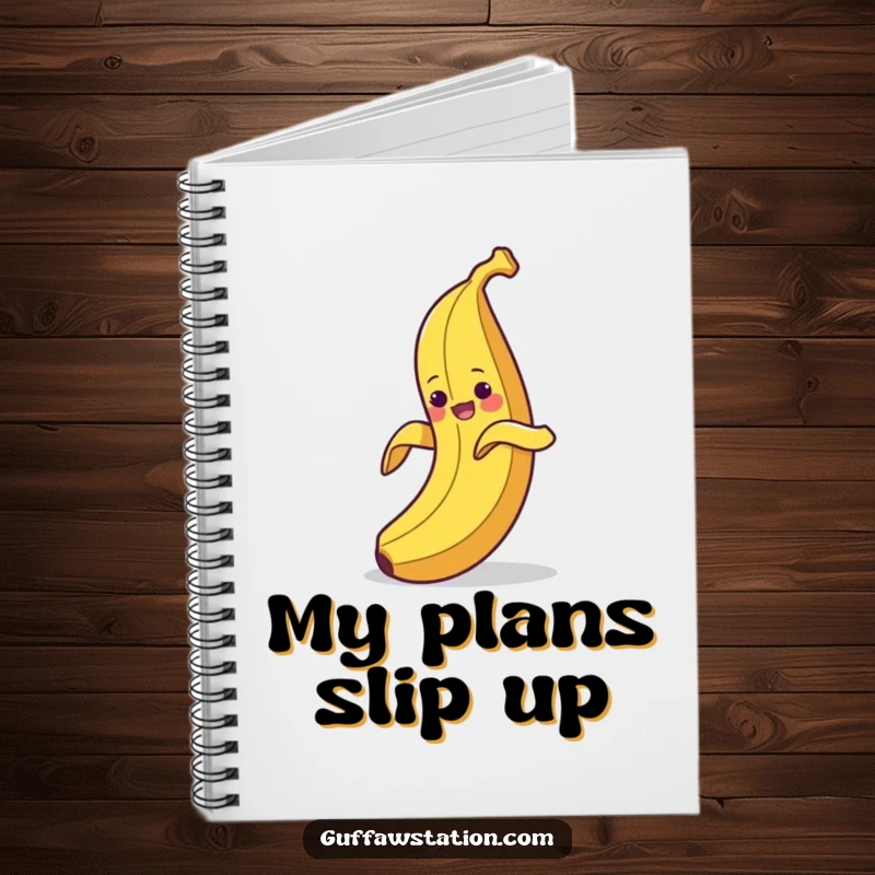 Funny notebook cover showing a clumsy banana peeling itself and then slipping on its own peel, perfect for jotting funny notes.