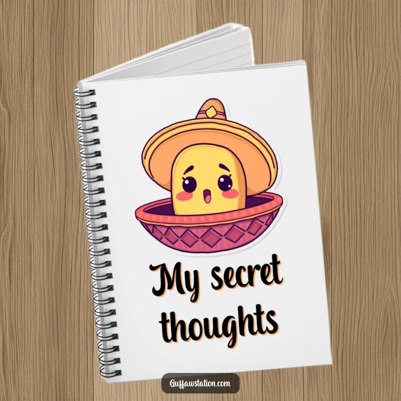 Funny notebook with a design of a surprised taco head peeking out from a giant sombrero, ready for notes.