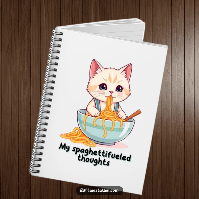 Funny notebook with a cat in suspenders spilling spaghetti, ideal for writing, journaling, and capturing messy thoughts.