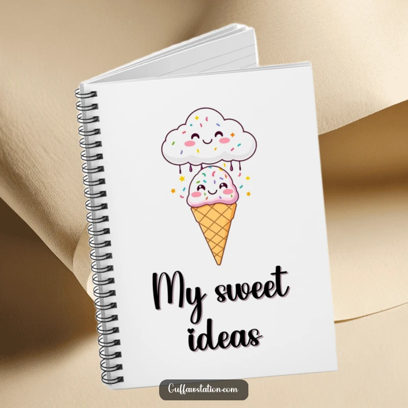Funny notebook with a happy cloud raining sprinkles onto an ice cream cone, ideal for writing notes and sparking creativity.