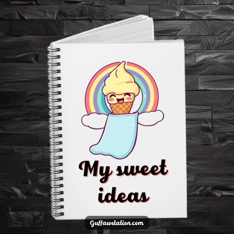 Funny ice cream notebook featuring a giggling cone sliding down a rainbow chute, great for notes and doodles.
