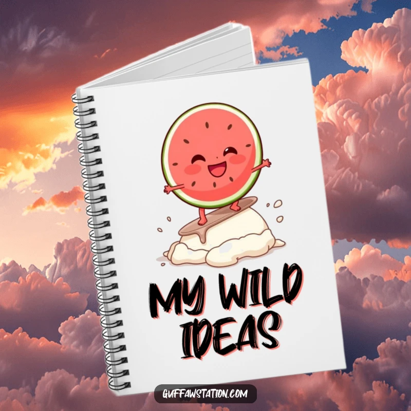 Funny notebook with a giggling watermelon slice character surfing ice cream, perfect for jotting down notes with a humorous, tropical vibe.