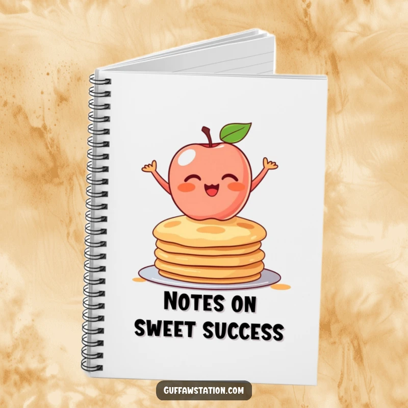 Funny notebook featuring a blushing apple balancing on pancakes. Ideal for recipes, notes, and creative brainstorming. Humorous design.