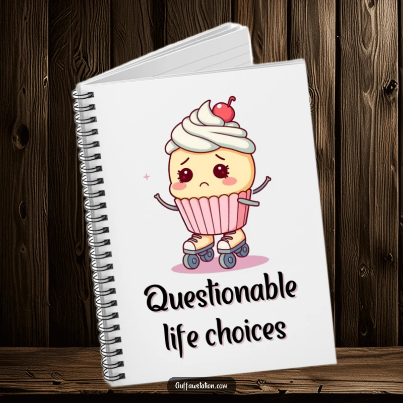 Funny notebook with a design of a bewildered cupcake on roller skates, looking like it might fall, ready for notes.