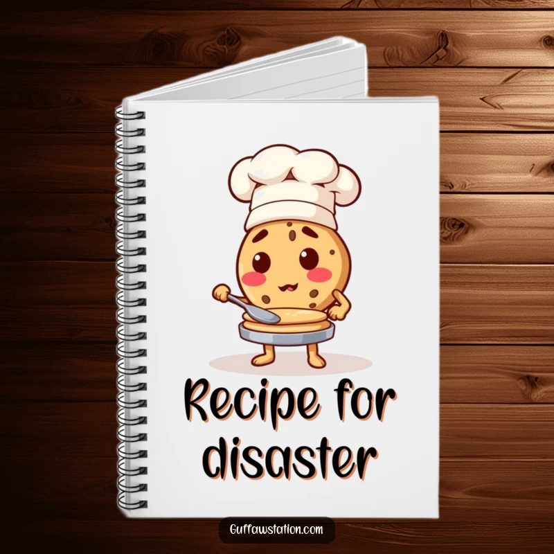 Funny cookie chef wearing a hat, flipping pancakes, a humorous notebook for recipe keepers.