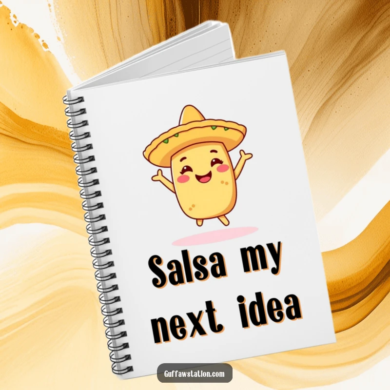 Funny notebook featuring a cheerful taco in a sombrero, doing a celebratory dance, ideal for jotting down notes with festive flair.