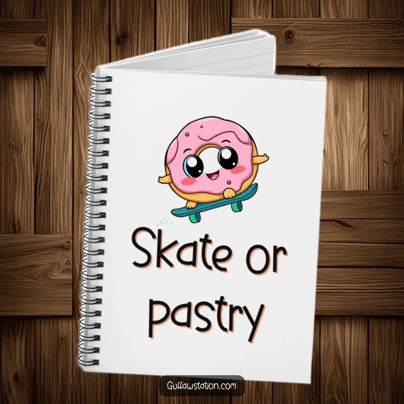 Funny donut with big eyes skateboarding downhill on the cover of a notebook, inspiring humorous thoughts and creative writing.