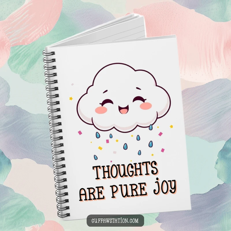Funny happy cloud raining confetti, a humorous notebook for cheerful notes and ideas.