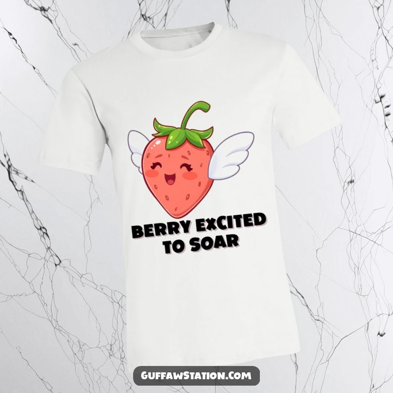 Funny t-shirt depicting a delighted strawberry with tiny wings, looking excited as it tries to fly.