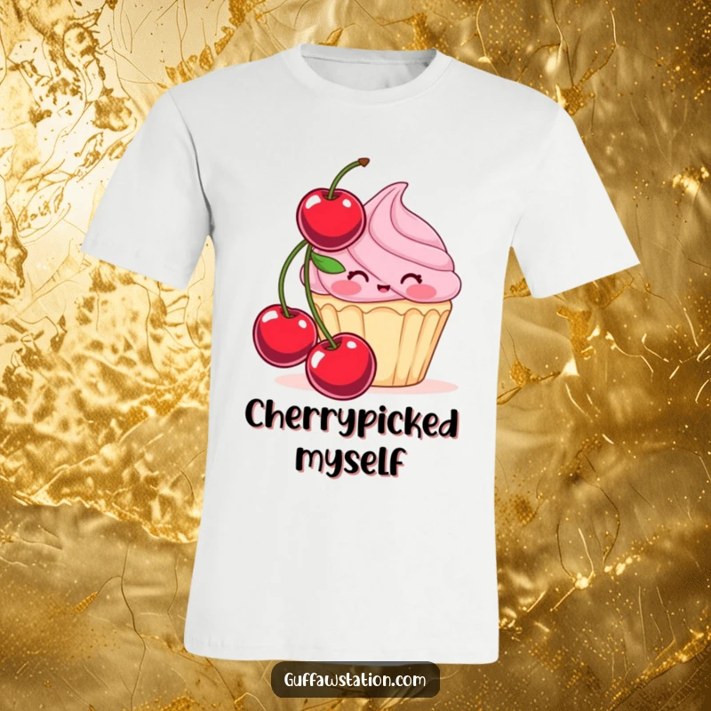 Funny t-shirt displaying a blushing cupcake trying to conceal itself behind an oversized cherry, a humorous and sweet graphic tee.