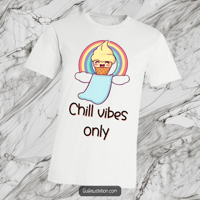 Funny ice cream t-shirt featuring a giggling cone sliding down a rainbow chute, a vibrant and joyful design.