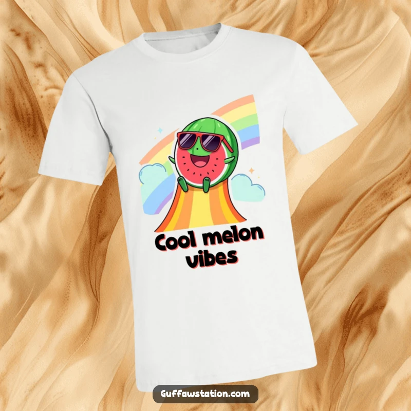 Funny t-shirt of a happy watermelon wearing sunglasses, joyfully sliding down a colorful rainbow slide, exuding cool summer energy.