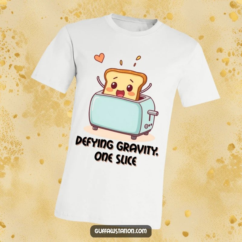 Funny t-shirt featuring a surprised piece of toast leaping joyfully from a toaster, mid-air, with a humorous flight path.