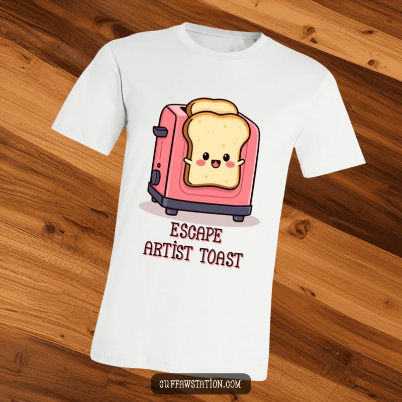 Funny t-shirt featuring a slice of toast leaping from a toaster, conveying a sense of hilarious escape and morning chaos.