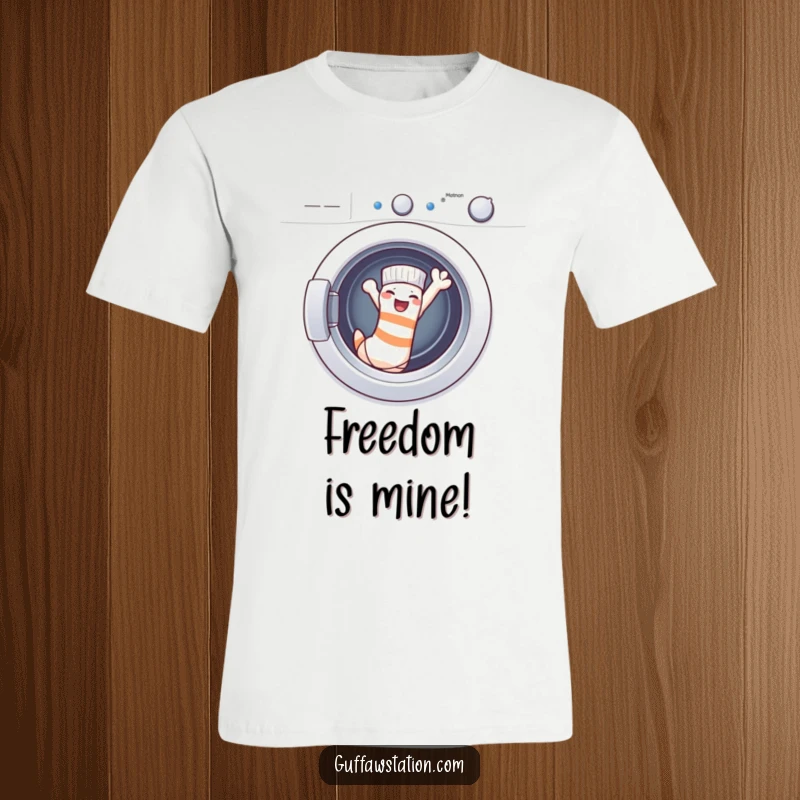 Funny T-Shirts: A cheeky sock waves a triumphant goodbye from a washing machine, celebrating a bold escape from laundry day with pure joy.