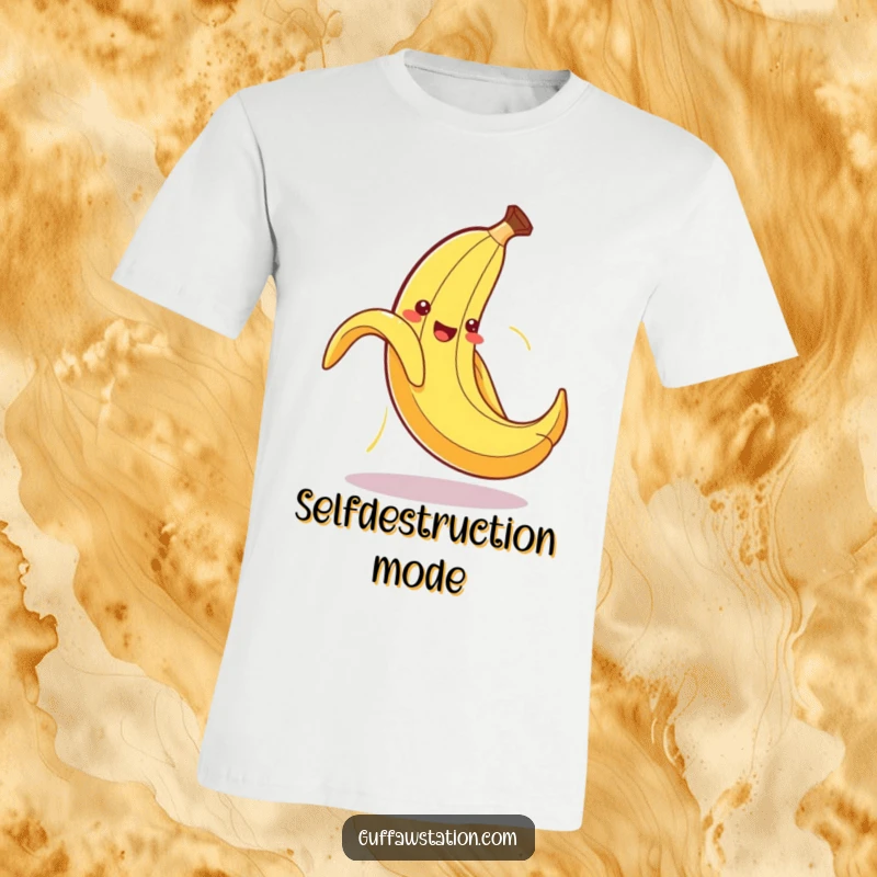 Funny t-shirt of a cute banana peel hilariously losing balance and slipping on its own peel, mid-flail.