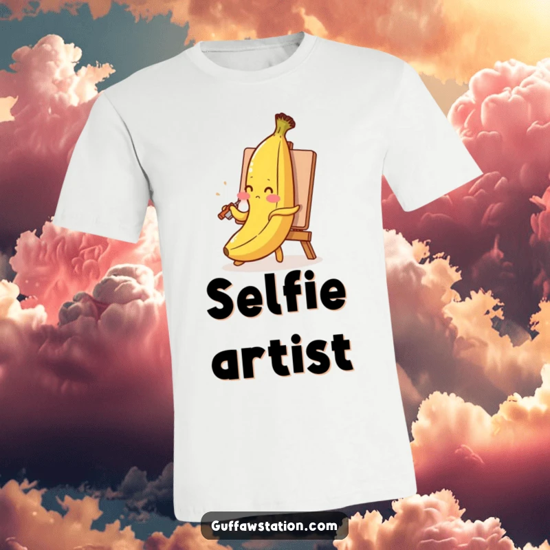 Funny banana t-shirt featuring a blushing banana using its peel to paint its self-portrait, showcasing artistic humor.