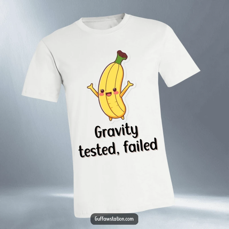 Funny Banana T-Shirt showing a banana dramatically slipping on its peel, arms flailing in classic comedic style.