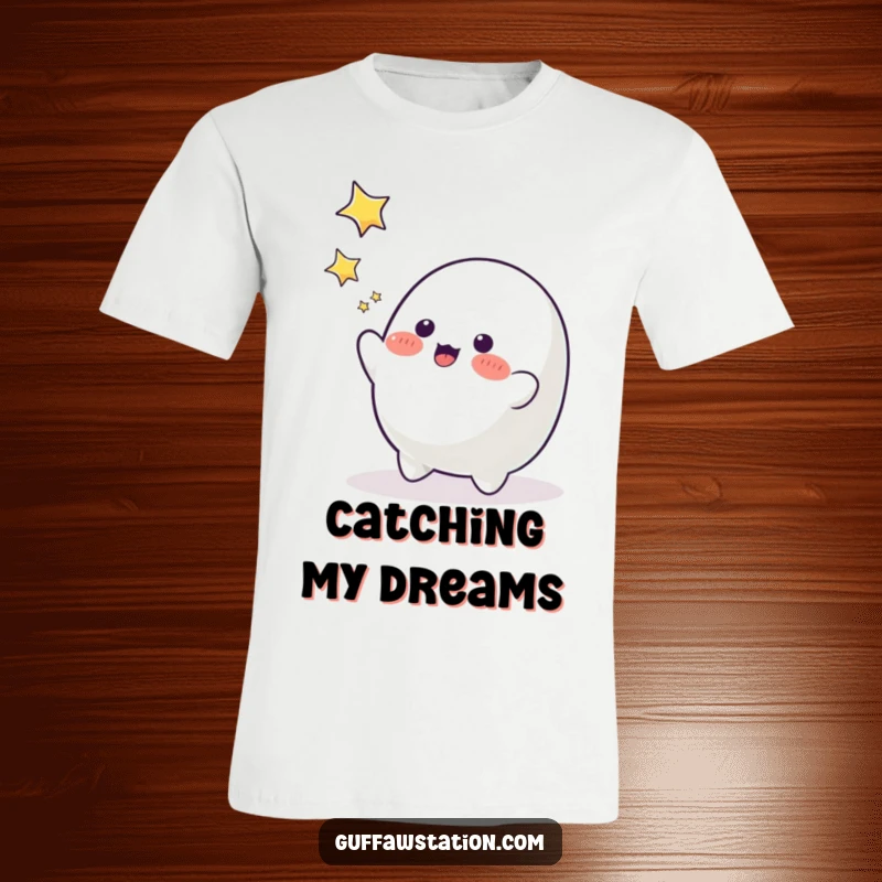 Funny, cute blob character joyfully reaching up to catch falling stars, whimsical t-shirt design.