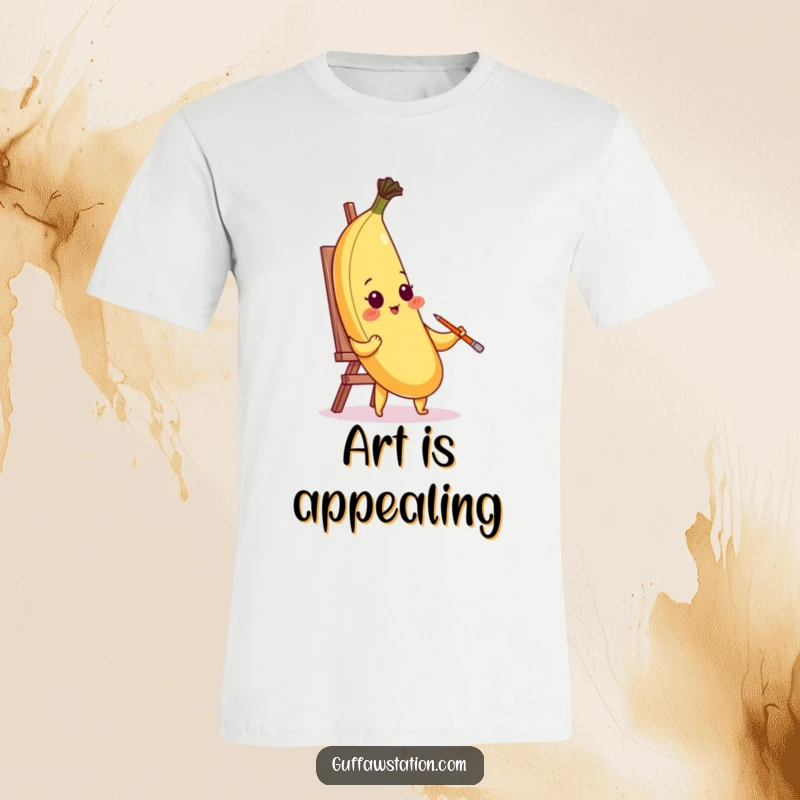 Funny blushing banana character attempting to paint itself with its peel on a t-shirt, showing humorous artistic ambition.