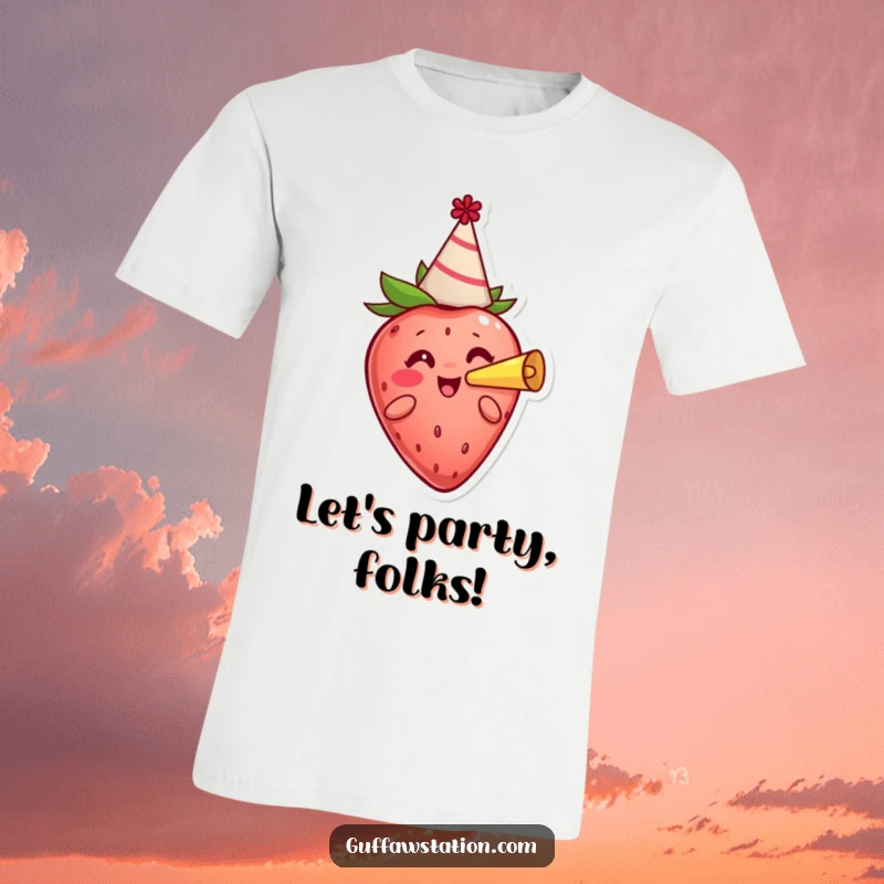 Funny cheerful strawberry in a party hat blowing a horn, printed on a fun and festive graphic t-shirt.