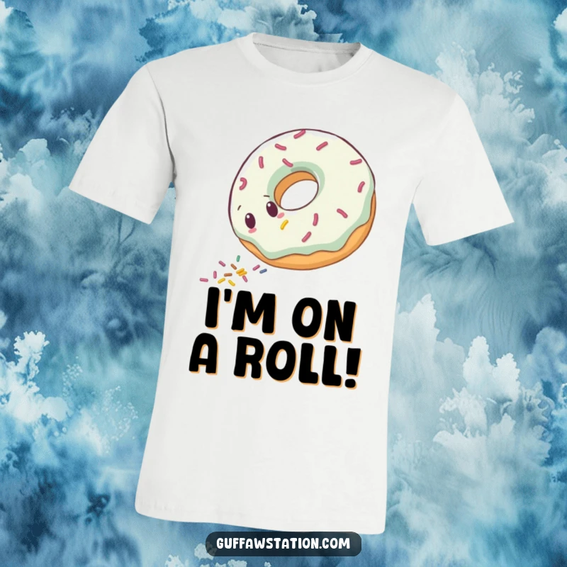 Funny clumsy donut character rolling downhill, scattering sprinkles, on a soft cotton t-shirt.