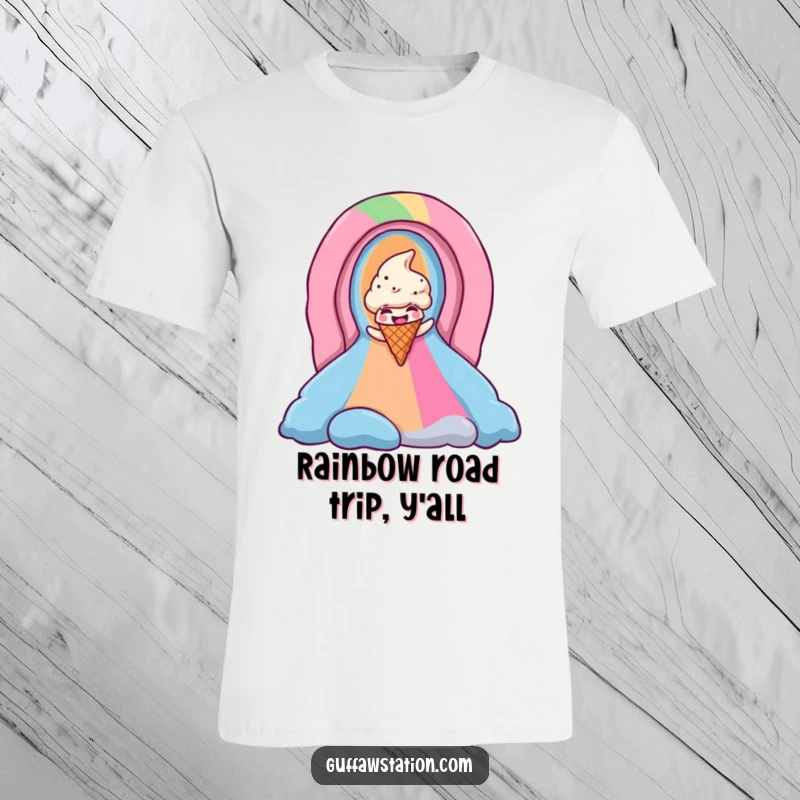 Funny ice cream cone t-shirt captured mid-slide down a colorful rainbow, radiating cheerful and whimsical energy.
